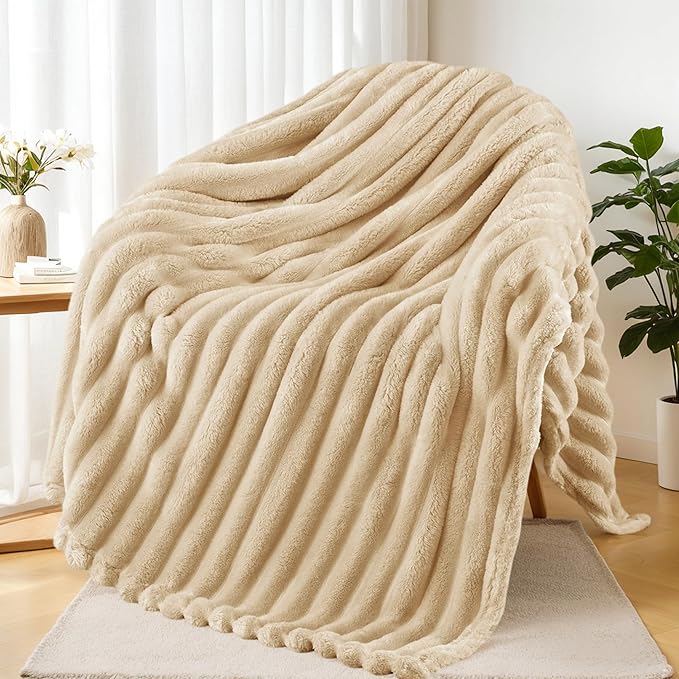 Exclusivo Mezcla Fleece Throw Blanket for Couch, Super Soft Striped Jacquard Bed Blanket, Lightweight Fuzzy Cozy for All Seasons, 50x60 Inches, Beige