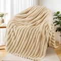 Exclusivo Mezcla Fleece Throw Blanket for Couch, Super Soft Striped Jacquard Bed Blanket, Lightweight Fuzzy Cozy for All Seasons, 50x60 Inches, Beige