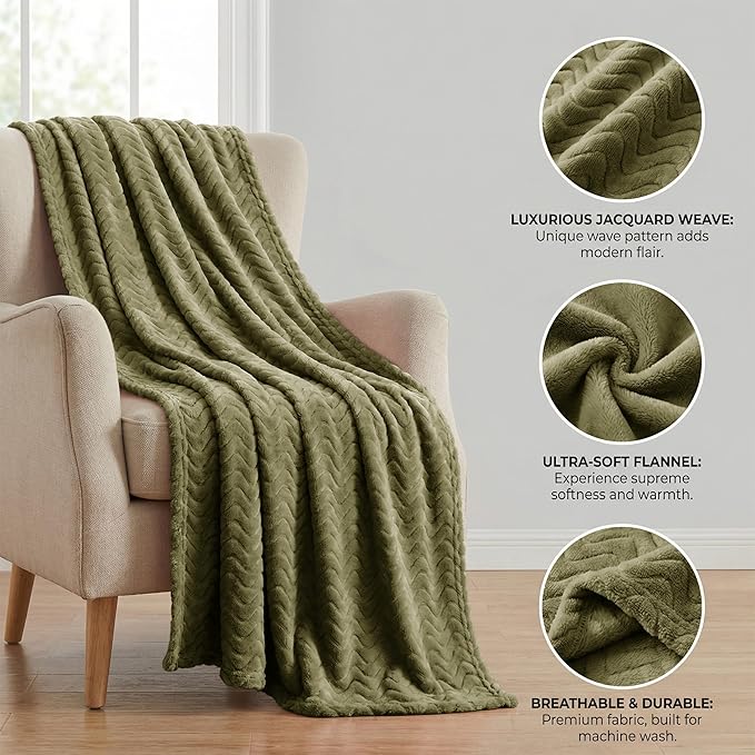 Exclusivo Mezcla Fleece Throw Blanket for Couch, Cozy Lightweight Blankets for All Season, Decorative Giftable Fuzzy Plush Wave Textured Throws for Women, Men, Olive Green, 50x70 Inches