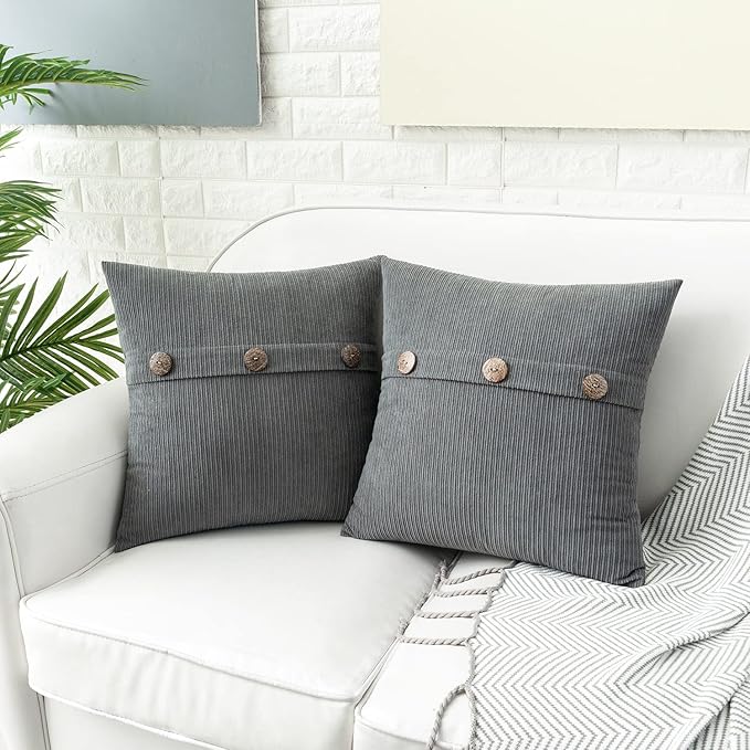 HWY 50 Gray Grey Chenille Throw Pillow Covers 16x16 Inch with Triple Buttons, Soft Farmhouse Accent Decorative Cushion Cases for Couch Sofa Bed Bedroom Pack of 2