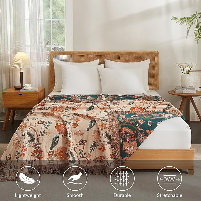 Boho Throw Blanket for Couch Sofa Bed, 100% Cotton Woven Quilt with Tassel 50”x60”, Super Soft Muslin Blanket with Floral Printed, Decorative Reversible Bed Blanket/Cover for All Seasons