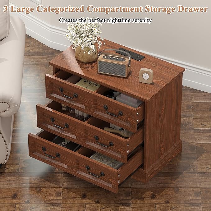 Farmhouse Night Stand with Charging Station, 27.6" Wider Cherry Wood Nightstand with 3 Drawers Dividers Storage, Larger Bedside Table, Side Table End Table for Bedroom, Living Room, Sofa