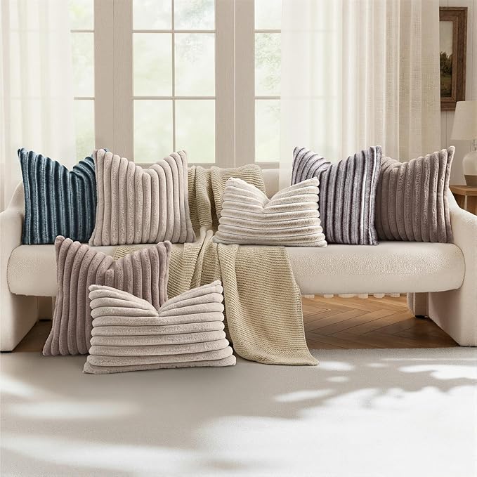 decorUhome Cozy Faux Fur Throw Pillow Covers 16x16 Set of 2 Decorative Soft Plush Striped Modern Farmhouse Boho Couch Pillow Cases with Velvet Back for Sofa Bed Living Room, Brown White