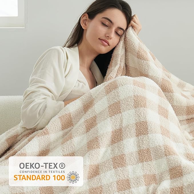 Snuggle Sac Queen Size Checkered Bedding Blanket Beige, Super Soft Warm Cozy Bed Blankets Oversized Fuzzy Plush Blankets for Bed, Bedroom, Plaid Beige, 90x90 inches