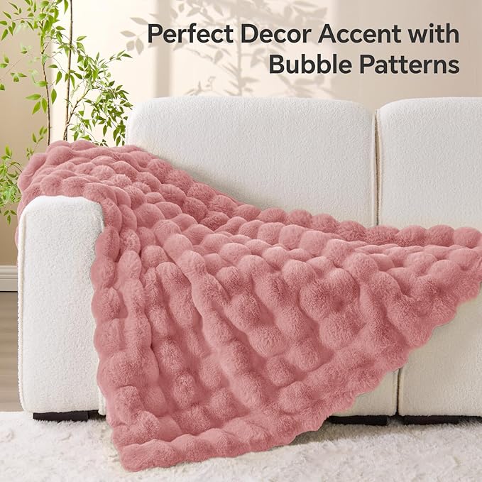 BEDELITE Faux Fur Pink Throw Blanket, Soft Cozy Plush Bubble Blanket for Couch Sofa Bedroom Living Room Decor - 870GSM Thick Warm Fuzzy Fluffy Faux Rabbit Fur Blanket for Women Gift, 50x60 Inches