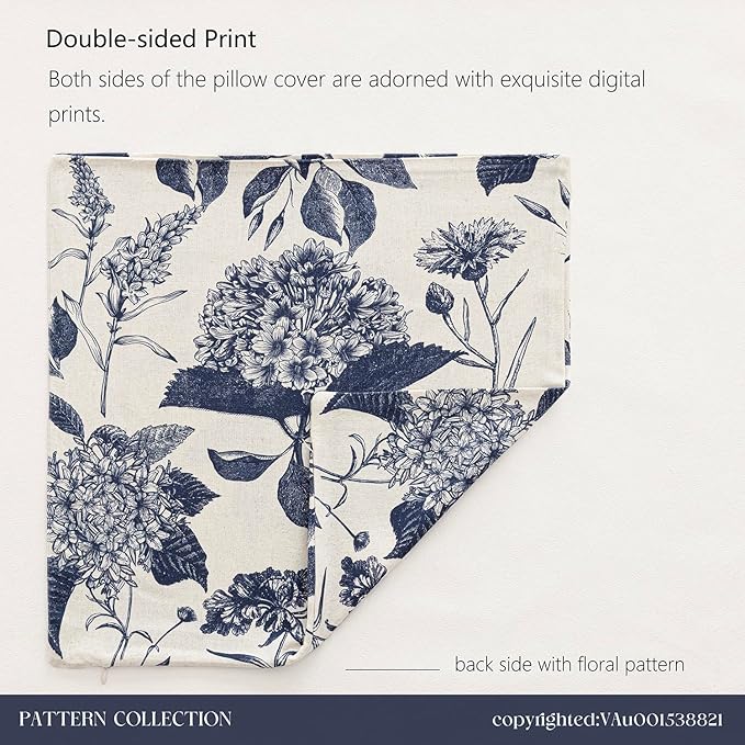 Foindtower Set of 2 Linen Floral Vintage Throw Pillow Covers Neutral Accent Print Decorative Cozy Cushion Covers Farmhouse Boho Home Decor for Sofa Chair Couch Bed Living Room,18×18 Inch,Navy Blue