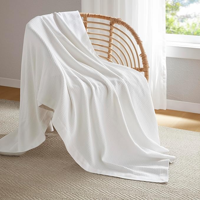 Madison Park 100% Egyptian Cotton Lightweight Summer Blanket, Breathable Waffle Knit Design, Soft Cozy All-Season Throw for Bed, Couch or Sofa, White Twin Size (66"x90")