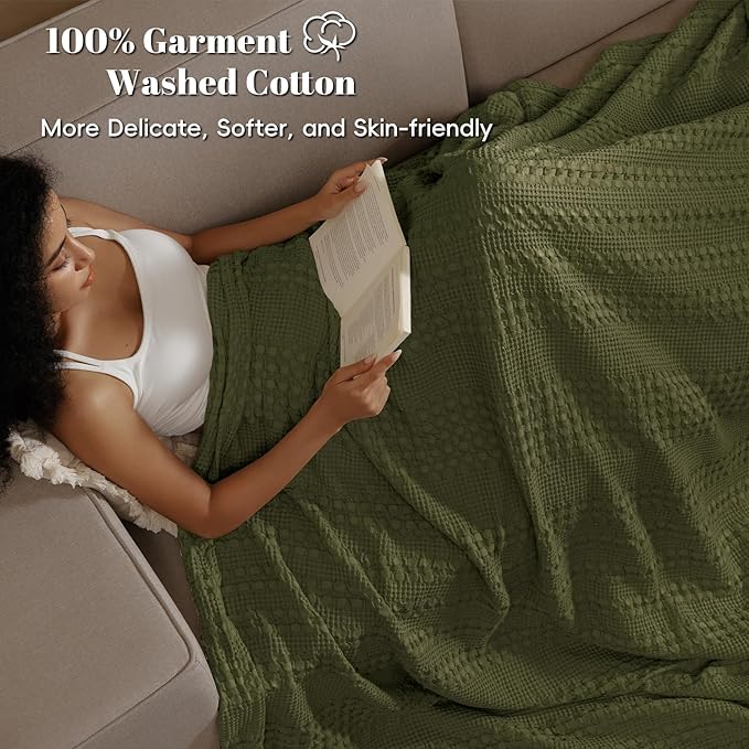 PHF 100% Cotton Waffle Weave Blanket Queen Size for Bed, Soft Lightweight & Breathable for Spring and Summer, All-Season Comfort, Luxury Aesthetic Blanket for Home Decor, 90"x90", Capulet Olive