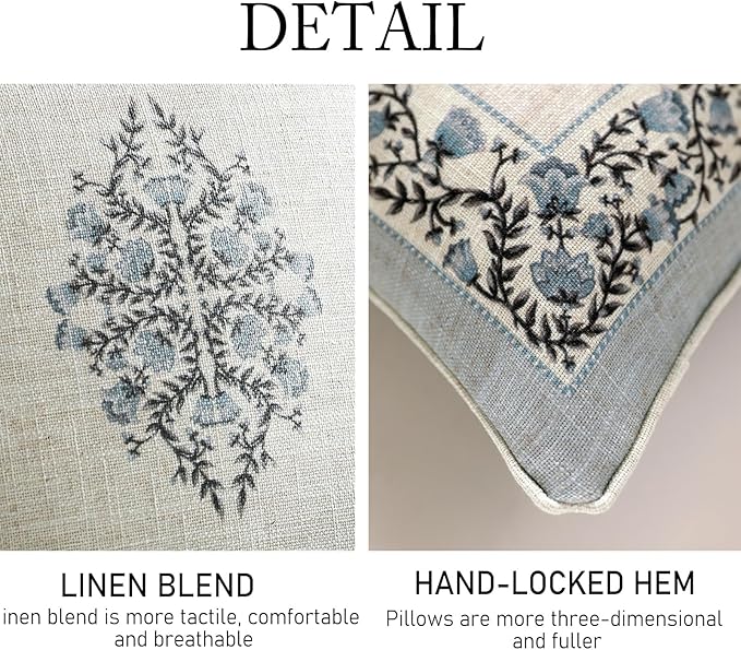 ISAENNE Design Linen Rectangle Throw Pillow Covers 12"x20" Pack of 2, Cottage Farmhouse Cushion Covers with Thorn Vine Pattern Decoration Pillowcases for Bed, Living Room, Outdoor, Car