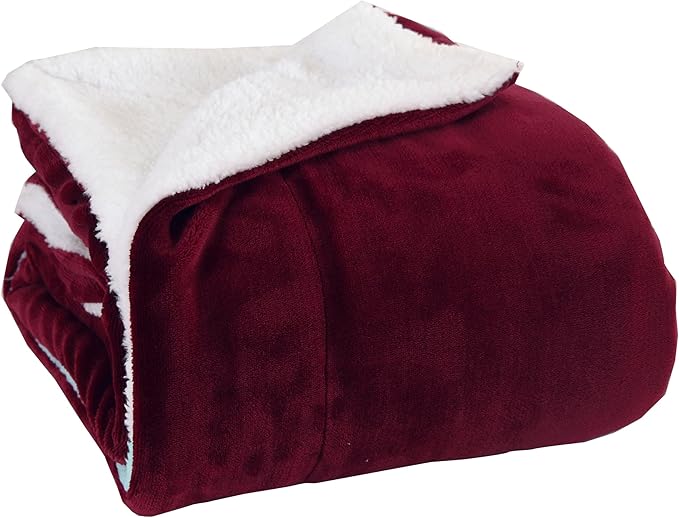 Elegant Comfort Luxury Ultra-Plush Velvet Touch Fleece Throw Soft, Warm, Cozy| Micromink Sherpa-Backing Reversible Blanket for Bed, Sofa and Couch, Solid Burgundy