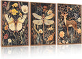 CHDITB Vintage 3D Dragonfly Framed Canvas Wall Art Set, Botanical Wildlife Decor, Butterfly Deer Flowers Art Prints, Dark Nature Forest Wildlife Artwork for Living Room Bedroom Office-12 x16 x3