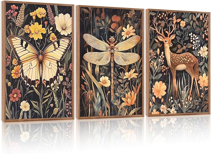 CHDITB Vintage 3D Dragonfly Framed Canvas Wall Art Set, Botanical Wildlife Decor, Butterfly Deer Flowers Art Prints, Dark Nature Forest Wildlife Artwork for Living Room Bedroom Office-12 x16 x3