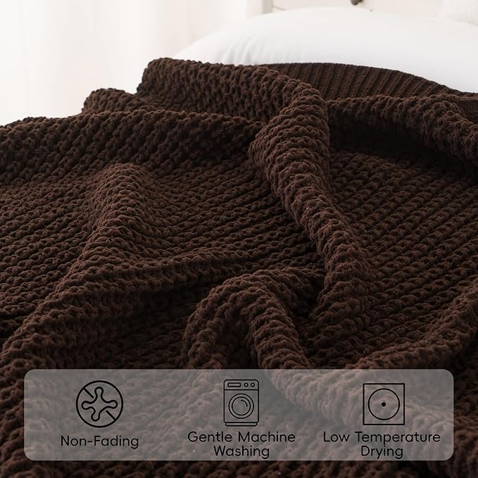 Bunnikins & Clover Dark Brown Throw Blanket for Couch, 50"x60" Soft Chenille Knit Throw Blanket for Home Decor, Decorative Chocolate Brown Blanket for Bed, Living Room