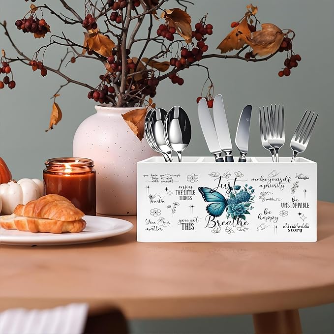 Just Breathe Inspirational Pen Pencil Holder, Therapy Office Decor, Teal Butterfly Flower Mental Health Pencil Pen Holder Organizer for Home Counseling Office Desk Accessories