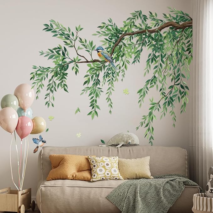 Large Green Tree Leaves Wall Stickers,3 Sheets Hanging Vine Tree Wall Decals Peel and Stick Waterproof Leaves Branch Wall Murals Decor for Living Room (Green Leaves, 11.8 * 35.4inch)
