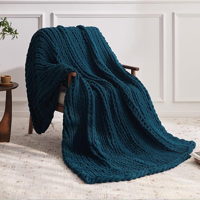 Chunky Knit Throw Blanket, 80''*90'' Knitted Throw Chenille Yarn for Bed Couch, Handmade Peacock Blue Crochet Big Thick Blanket, Machine Washable Cute Comfy Blanket for Home Decor