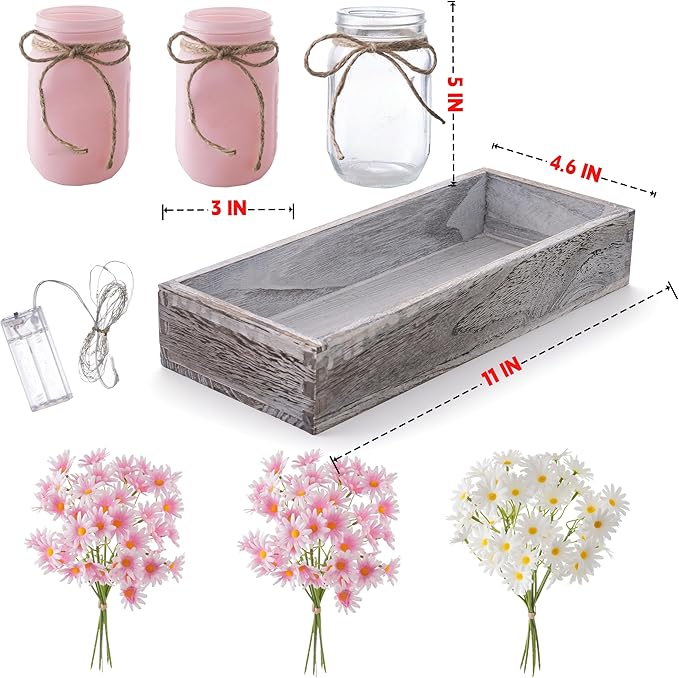 Mason Jar Lights Centerpiece Table Decor for Dining Room – Farmhouse Wood Tray with 3 Jars, Pink & White Daisy Flowers, Valentines Day & Wedding Decoration for Coffee Table, Kitchen, Living Room