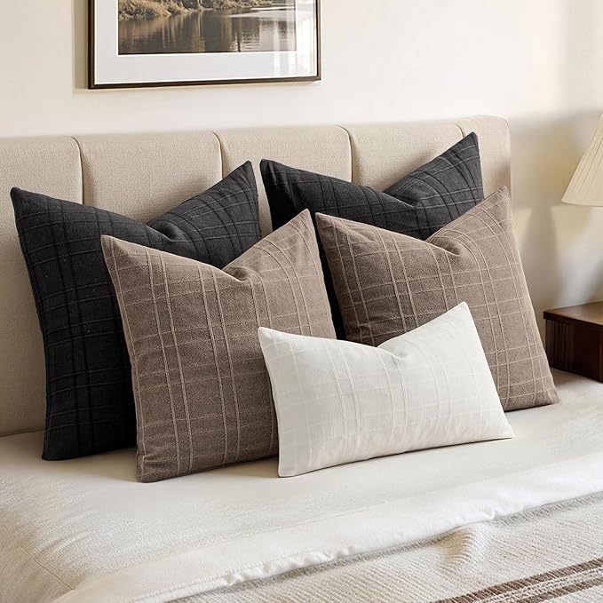 MIULEE Decorative Linen Check Throw Pillow Covers Neutral Farmhouse Vintage Pillow Covers 20x20 Set of 2 Boho Modern Winter Home Decor for Sofa Couch Bedroom Cushion Taupe