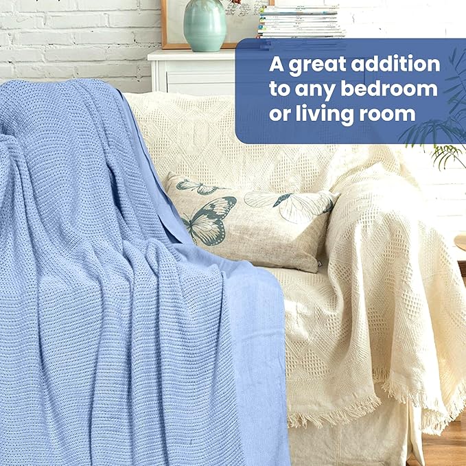 Linteum Textile Supply Leno Weave Blue Blanket, Queen 100% Cotton, Lightweight, Warm, Fluffy, Premium and Durable Soft & Cozy Bed Blanket for Home, Couch, Sofa & Dorm, All Season Throw [90x90]
