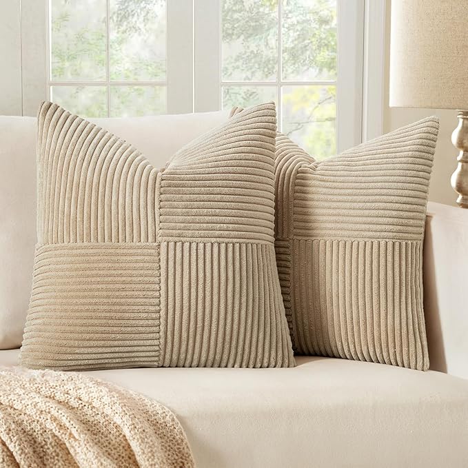 MIULEE Cream Decorative Throw Pillow Covers 16x16 Inch for Couch Bed Sofa Pack of 2 Boho Neutral Farmhouse Throw Pillows Soft Cross Corduroy Patchwork Textured Cushion Cases
