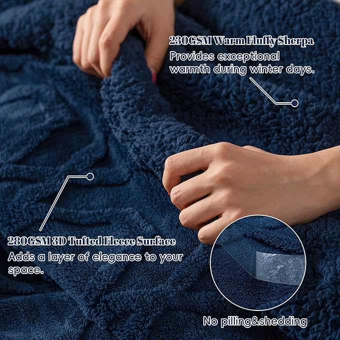 PHF Fluffy Sherpa Fleece Blanket Queen Size for Winter, Warm and Cozy, 510GSM 3D Tufted Shaggy Fleece Blanket for Sofa Bed, Navy Blue, 90"x90"
