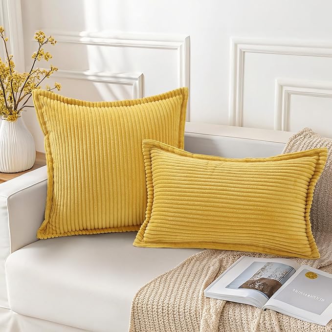 Mecatny Corduroy Throw Pillow Covers 12x20 Set of 2, Neutral Decorative Soft Boho Lumbar Couch Pillow Covers with Broadside for Sofa Living Room, Mustard Yellow