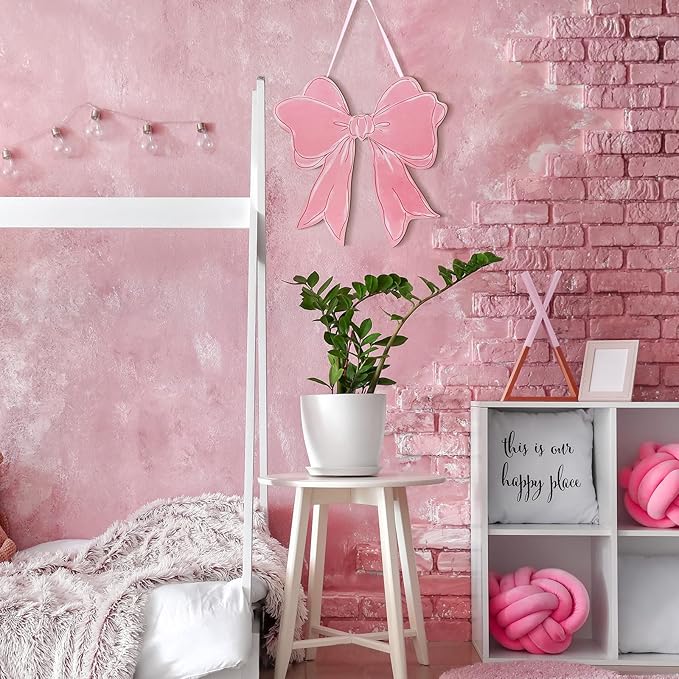 RattanView Pink Bow Wooden Hanging Sign Coquette Bow Wall Hanging Hanger Cute Preppy Wall Art Bowknot Welcome Door Sign Girly Decor for Girls Room College Dorm Apartment Indoor Outdoor Porch