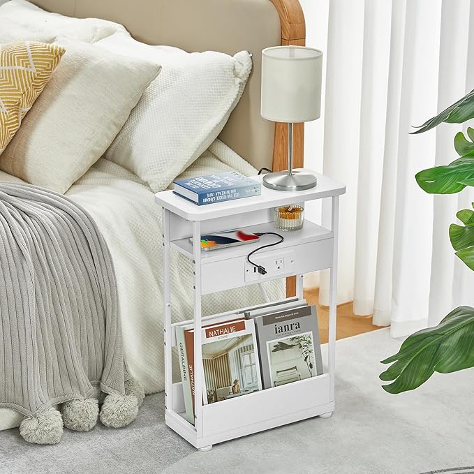 Narrow Side Table with Charging Station, 3-Tier End Table with 2 USB Ports & Power Outlets,Thin Sofa Side Table for Narrow and Small Spaces, Bedside Table Nightstand for Living Room,White