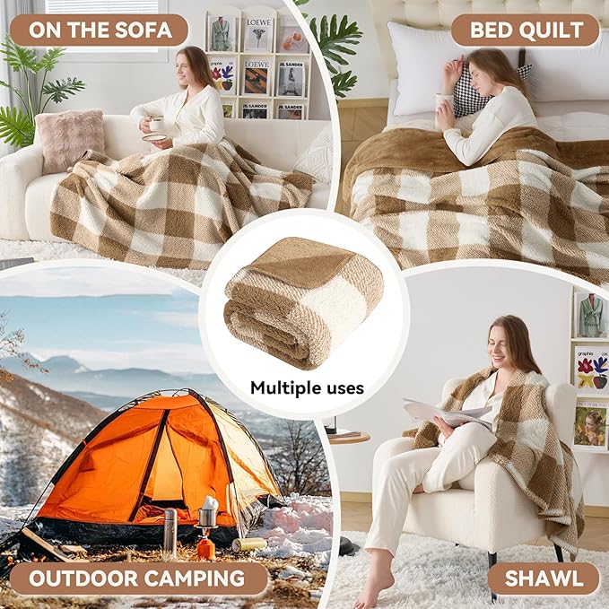 LURKA Checkered Sherpa Fleece Throw Blanket – Soft and Cozy, Medium Weight for All Season, Oversized Plush Throw for Couch, Bed & Pets, Brown, 90x90 Inches