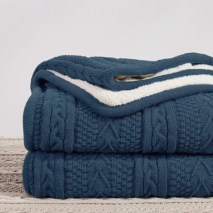 Longhui bedding Acrylic Cable Knit Sherpa Throw Blanket - Thick, Soft, Big, Cozy Grey Blue Knitted Fleece Blankets for Couch, Sofa, Bed - Large 60 x 80 Inches Gray Blue Coverlet All Season