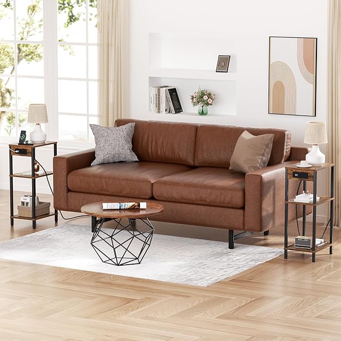 Side Table with Charging Station, Tall End Tables Living Room, 30 Inch Skinny Night Stand with Storage, Small Bedside Tables for Bedroom, Office, Dorm, Hallway, Rustic Brown
