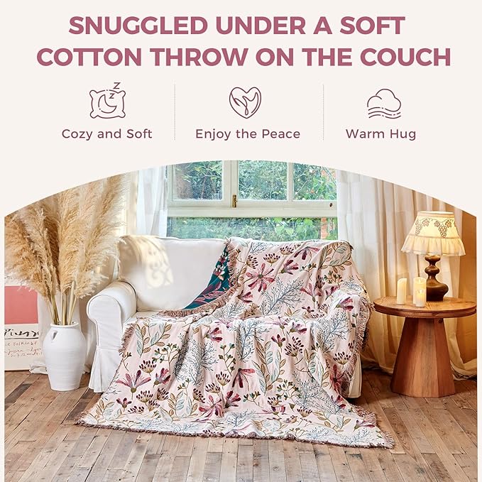 Boho Throw Blanket for Bed Cotton Spring Blankets Bedroom Living Room Twin All Season Lightweight Floral Embroidery Quilt for Couch Sofa Chair 60"x80"
