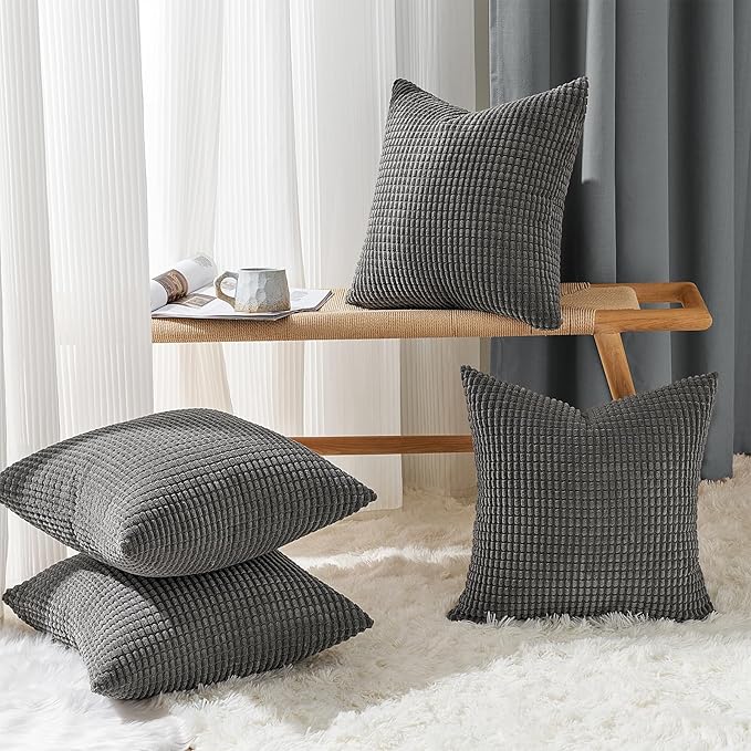 Topfinel Darkgrey Throw Pillow Covers 12x12 Inch Set of 4 Modern Farmhouse Home Decor Pillow Covers for Spring Sofa Living Room Couch Bed Soft Corduroy Textured Boho Striped Patchwork Cushion Cases