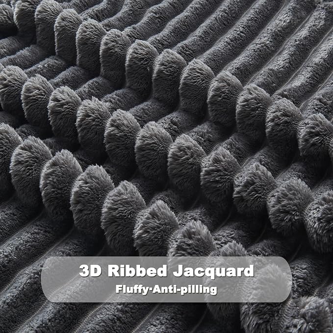 NEWCOSPLAY Super Soft King Blanket Grey Premium Silky Flannel Fleece 3D Ribbed Jacquard Lightweight Bed Blanket All Season Use (Grey Ribbed, King(90"x110"))