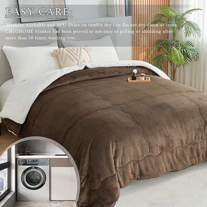 CHOSHOME Sherpa Fleece Blanket- Thick Warm Blanket for Winter, Soft Fuzzy Plush Blanket for Bed, Couch, Travel (Brown, King 90" x 108")