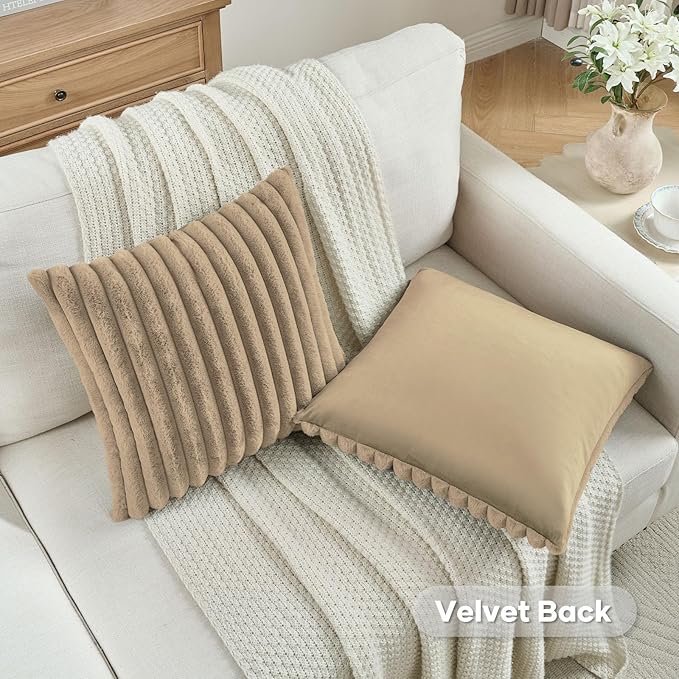 FUTEI Khaki Decorative Throw Pillow Covers Set of 2, 18x18 Inch Soft Fluffy Faux Fur Plush Striped Cushion Cases, Modern Home Decor for Couch Bed Living Room
