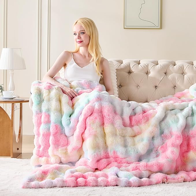 Luxury 1000GSM Faux Rabbit Fur Throw Blanket, Super Heavy Warm Cozy Blankets for Couch Bed Sofa, Bubble Plush Fuzzy Elegant Soft Reversible Mink Blanket for Living Room Bedroom, Rainbow
