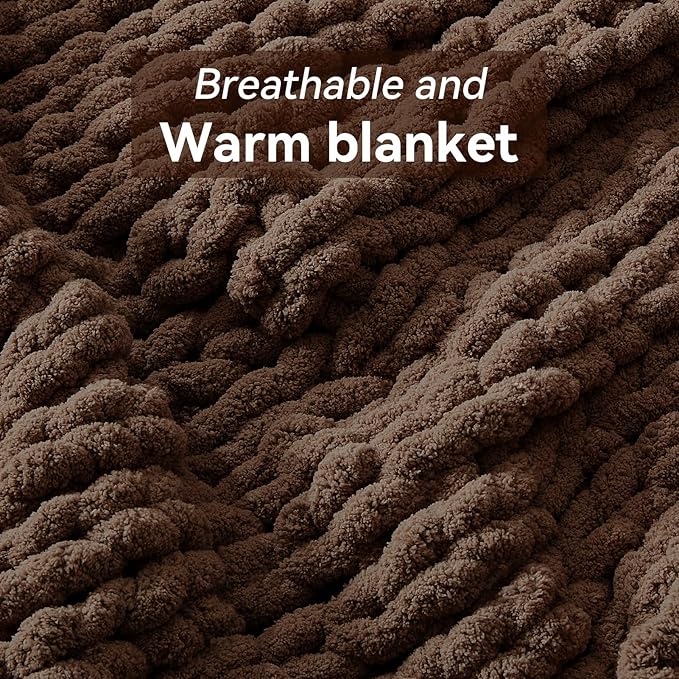 Chunky Knit Throw Blanket, 60''*80'' Knitted Throw Chenille Yarn for Bed Couch, Handmade Dark Brown Crochet Big Thick Blanket, Machine Washable Cute Comfy Blanket for Home Decor