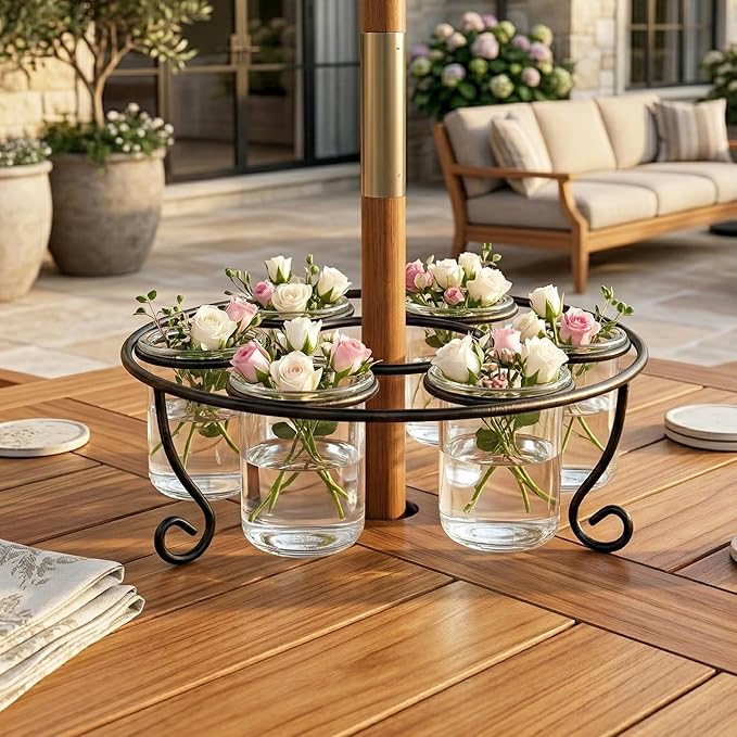 Metal 6-Cup 11.75" Round Floating Candle Holder Table Centerpiece with Large Glass Cups for Weddings, Outdoor Patio, Dining Room, and Coffee Tables, Black with Brushed Gold
