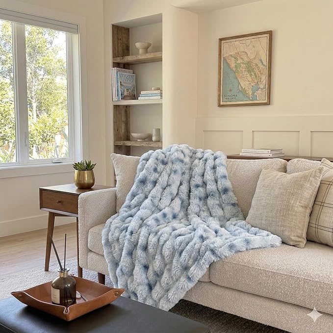 Luxury 1000GSM Throw Blanket, 50x60 Inches, Ultra Soft Double-Sided 3D Bubble Textured Faux Rabbit Fur, Frosted Blue & White, Reversible High-Density Plush Warm Blanket for Sofa & Bed