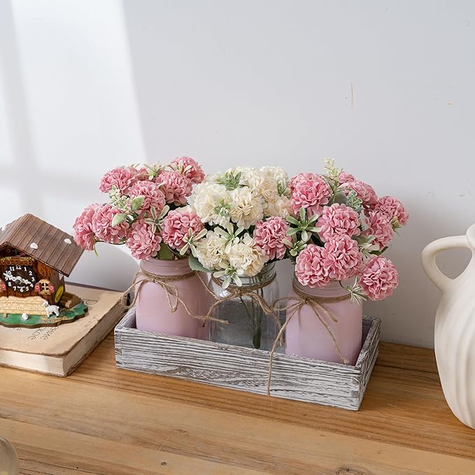 LUEUR 3PCS Artificial Hydrangea Flowers in Mason Jars with Wood Tray for Dining Table Coffee Table Farmhouse Home Decor Centerpieces Spring Decor Perfect for Kitchen, Living Room, Bathroom