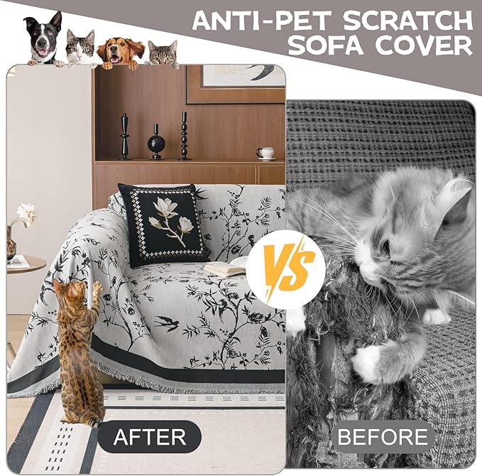 HANDONTIME Couch Cover for Dogs Washable Bird Floral Pattern Slipcovers for Couches and Sofas Grey Sofa Covers with Black Jacquard Flower Chenille Couch Cover Blanket Pet Friendly, 71" X 118"