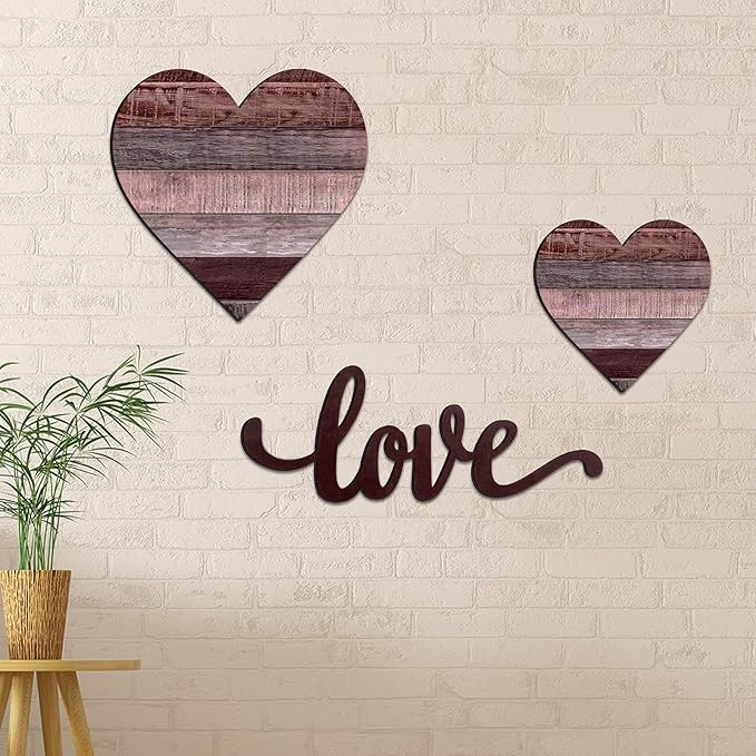 3 Pcs Wooden Hearts Decor Heart Wooden Sign Rustic Hanging Love Plaque for Wall Home Farmhouse Living Room Bedroom Gifts (Grey Purple)