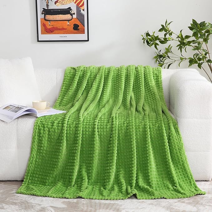 Puncuntex Flannel Fleece Throw Blanket Apple Green 50"×60",Super Soft Plush Cozy Blanket with Square Grid Design Luxury for Couch Sofa Chair