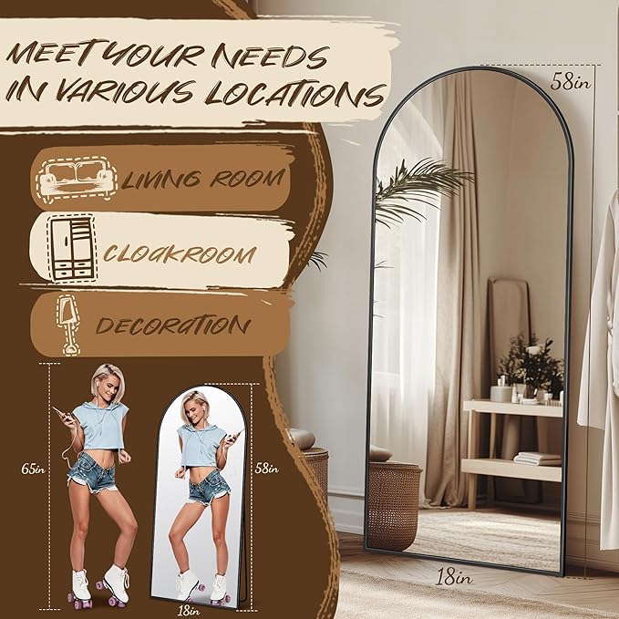 Antok Full Length Floor Mirror Arched Standing Mirror with Aluminum Frame - Freestanding Wall Mount Leaning Body Mirror for Bedroom Living Room Entryway, 58" L x 18" W, Black