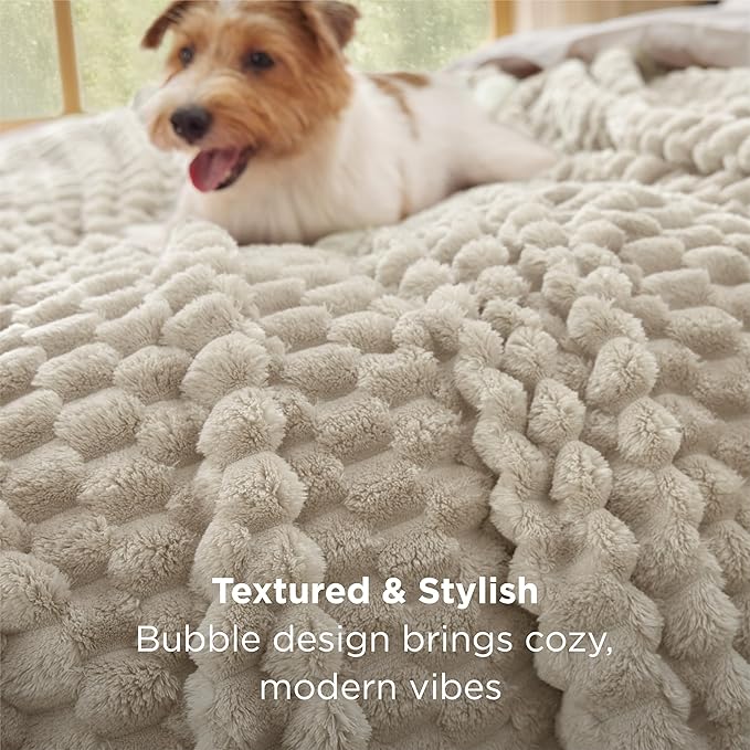 Bedsure Blanket Queen Size for Bed - 350GSM Fluffy Plush Bubble Blanket Queen Size for Home Room Decor, GentleSoft Cute Fleece Soft Cozy Gifts for Women Girls, Beige, 90x90 Inches