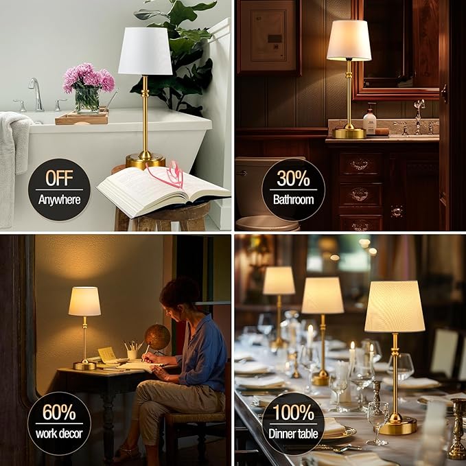 ONEWISH Cordless Table Lamps Set of 2 - Battery Powered Lamp, 4000mAh Rechargeable, Stepless Dimmable, Wireless Lamp with Fabric Shade, 2700K Warm Ambient Light for Dining, Patio, Bathroom(Gold)