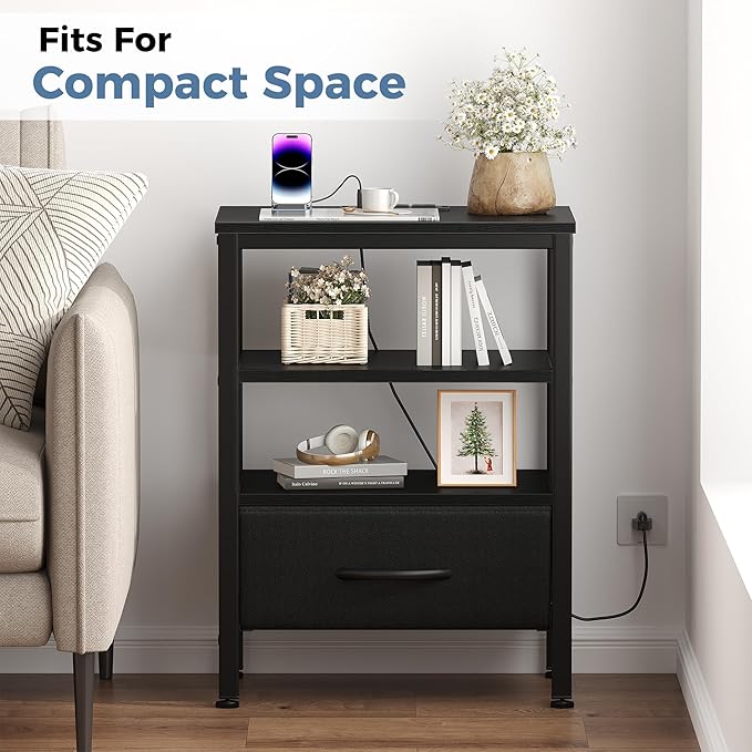 DUMOS Nightstand Set of 2 with Wireless Charging Station Bed Side Tables with Adjustable Fabric Drawers 3-Tier Storage End Tables Modern Design,Black