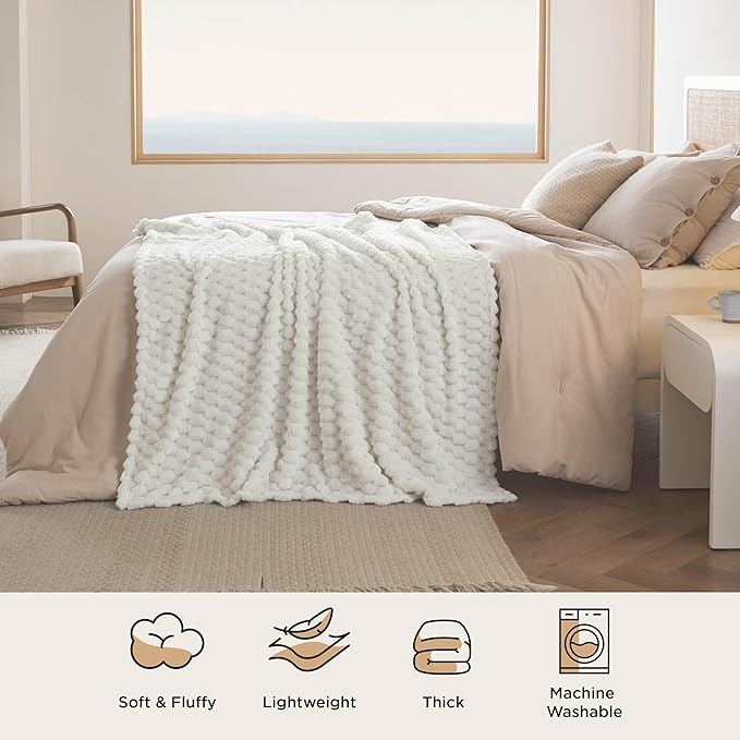 Bedsure King Size Blanket for Bed - 350GSM Fluffy Plush Bubble Blanket King for Home Room Decor, GentleSoft Cute Fleece Soft Cozy Gifts for Women Girls, Off White, 108x90 Inches