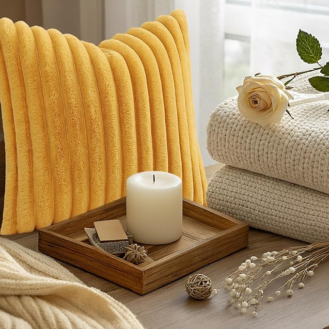 decorUhome Summer Cozy Faux Fur Throw Pillow Covers 20x20 Set of 2 Decorative Soft Plush Striped Modern Farmhouse Boho Couch Pillow Cases with Velvet Back for Sofa Bed Living Room, Mustard Yellow